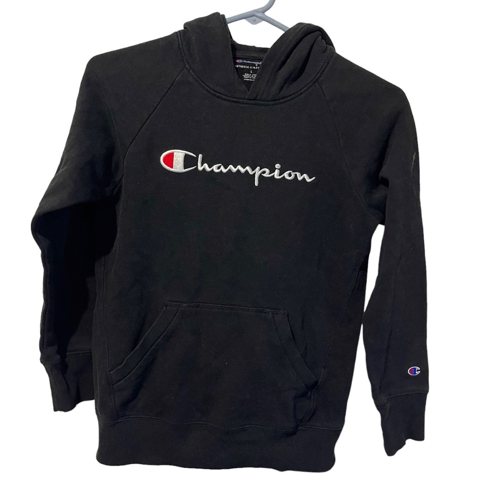 Champion Hoodie Youth Large Black Cotton‎ Polyester Pullover Sweatshirt Kids